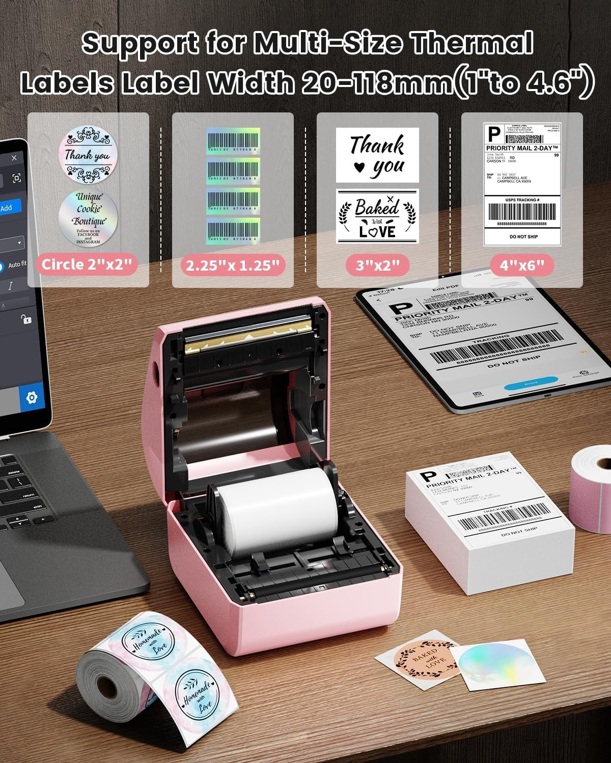 Bluetooth Thermal Shipping Label Printer 4x6 Postage USB Pink