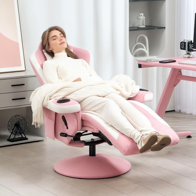 Pink Gaming Recliner Chair 360° Swivel PU Leather Seat w/ Footrest & Cups