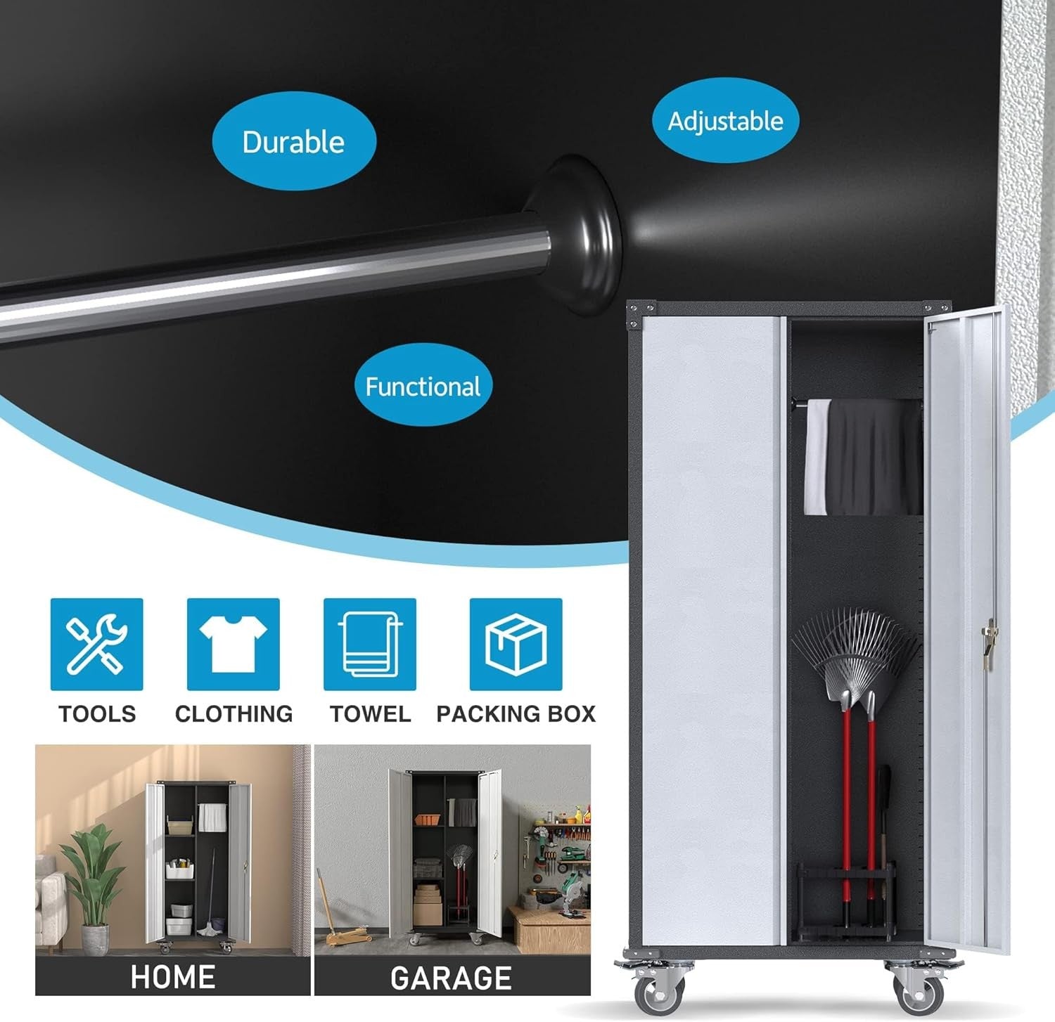 Tall Metal Storage Cabinet 180cm Lockable Doors Shelves Wheels Broom Closet