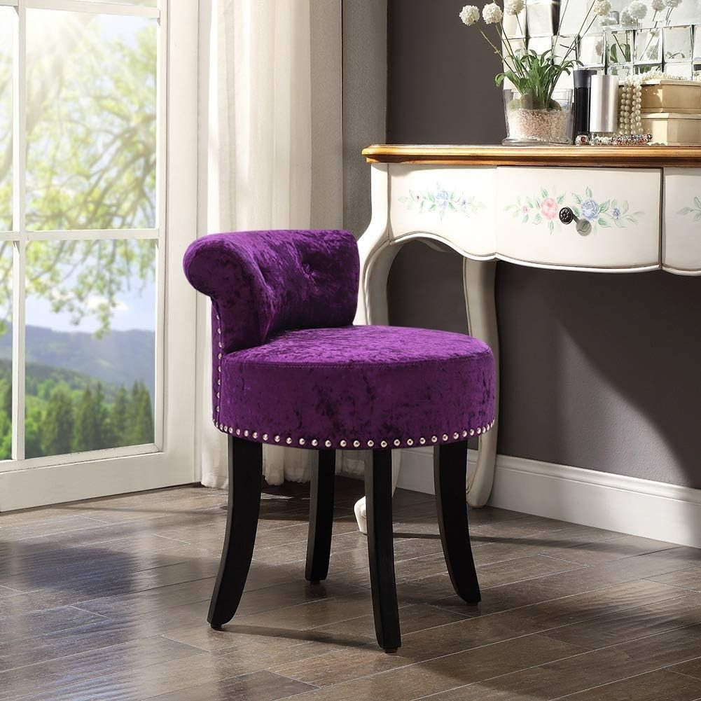 Dark Purple Ice Velvet Dressing Table Stool Low Back Wood Legs Footstool