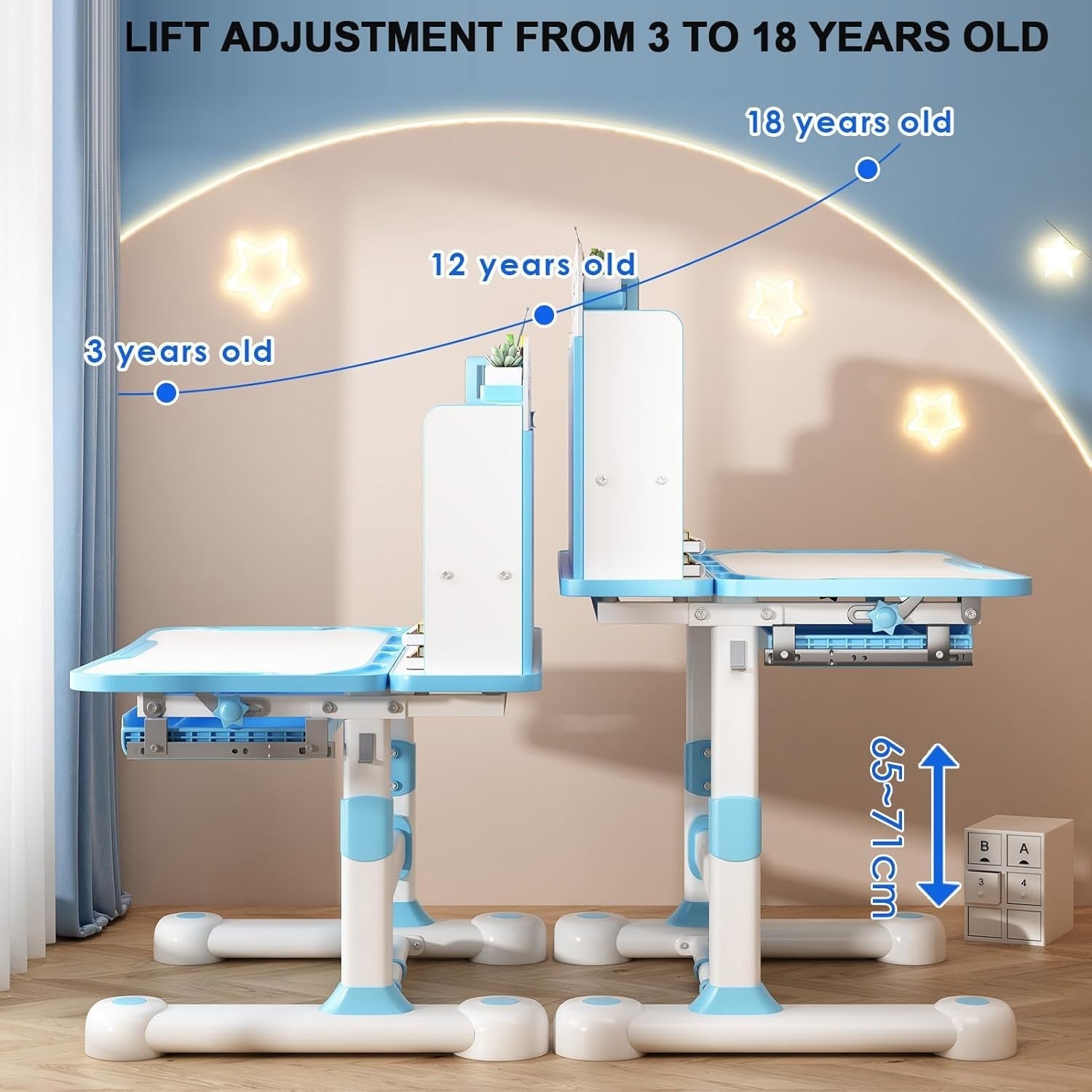 Adjustable Kids Study Table & Chair Set with Storage, Large Desk Blue-4