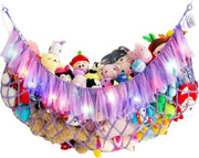 Purple Macrame Toy Hammock with LED Lights – Plush Animal Storage Net