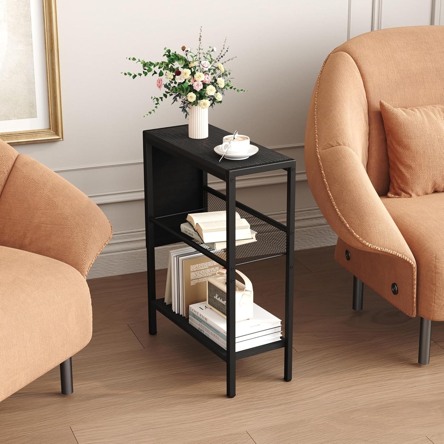 Slim 3-Tier Side Table with Storage Bag – Narrow Black Bedside Sofa Table