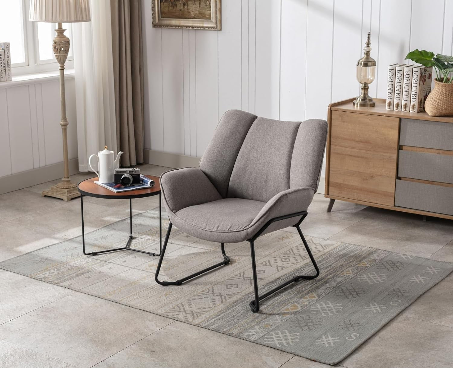 Grey Linen Accent Tub Chair Metal Legs Modern Armchair