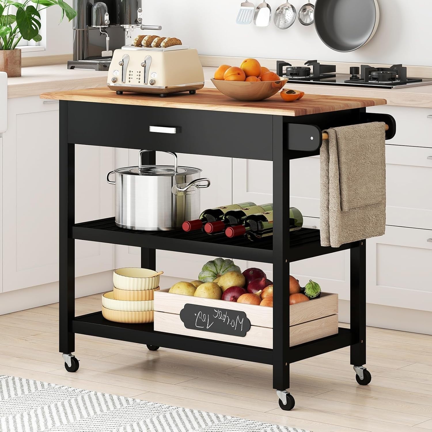Black 106cm Kitchen Island Cart Rubber Wood