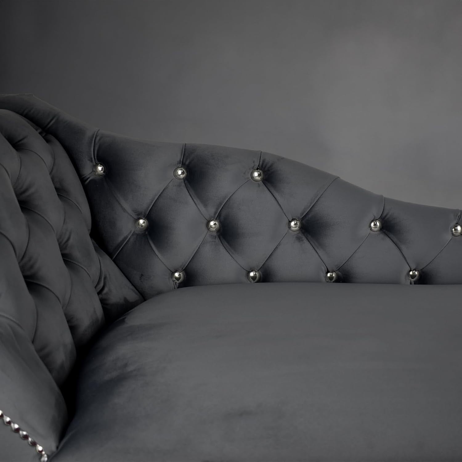Grey Velvet Chaise Lounge Sofa | Tufted Left Arm Accent Chair | Handmade UK