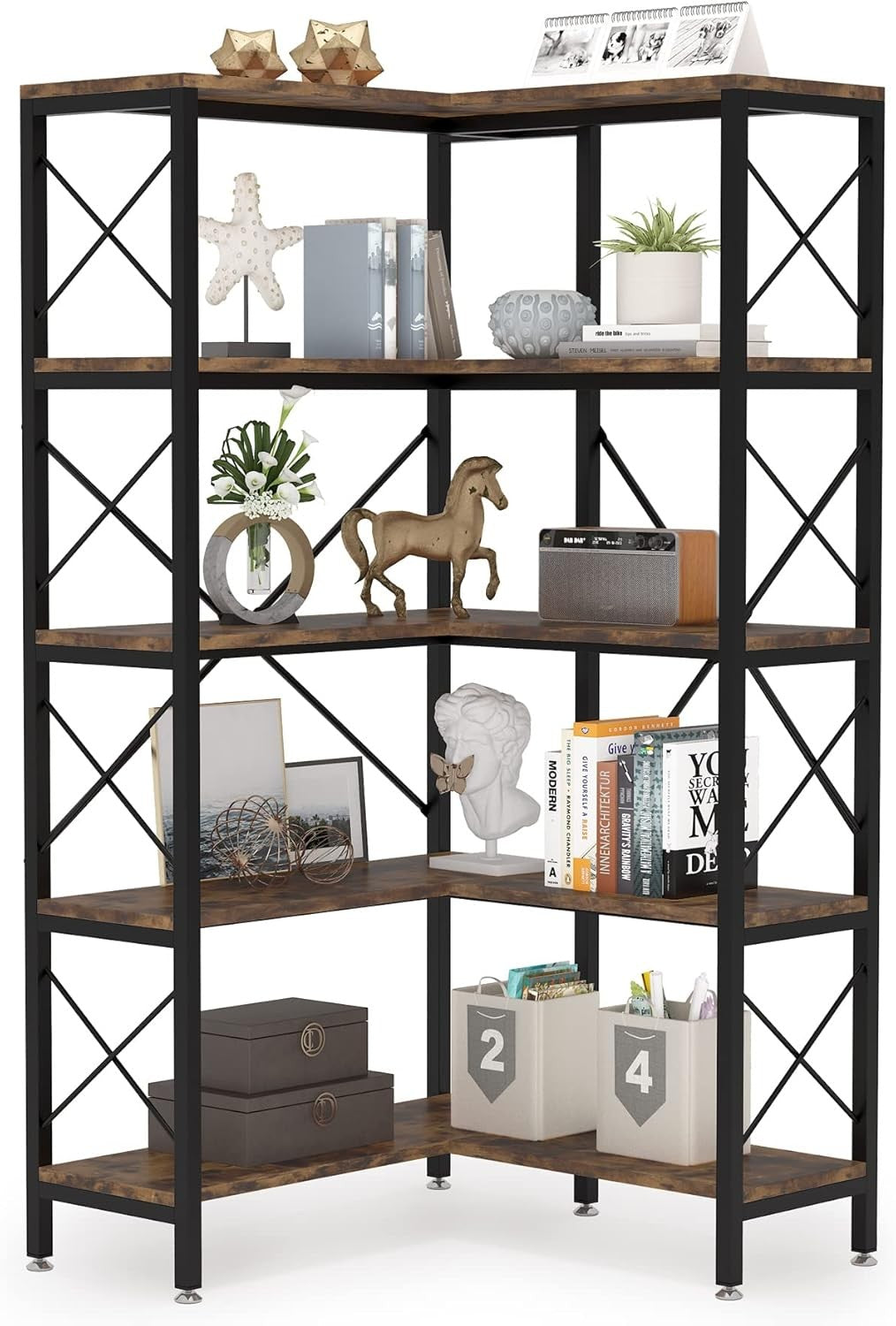 Tall 5-Tier Corner Bookshelf | Rustic Wood & Metal Industrial Display Storage Un