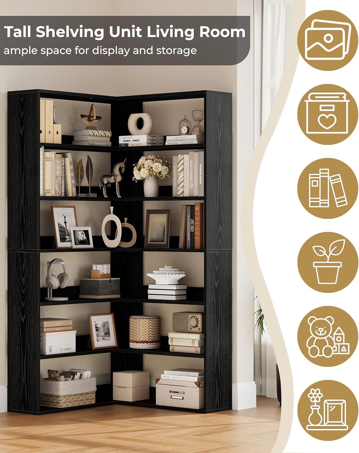 Tall Corner Shelf Unit 6 Tier L-Shaped Bookcase Storage Rack for Living Rooms
