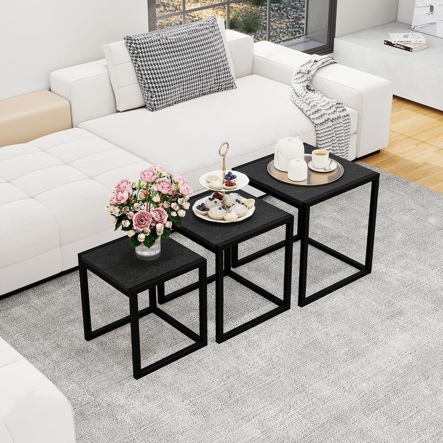 Rustic Brown Nesting Coffee Tables Set of 3 Storage Side End Table Metal Wood