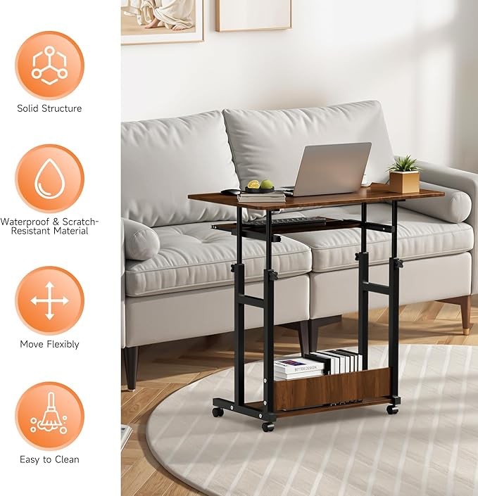 Mobile Computer Desk Adjustable Height Laptop Table with Wheels 80x45cm Brown