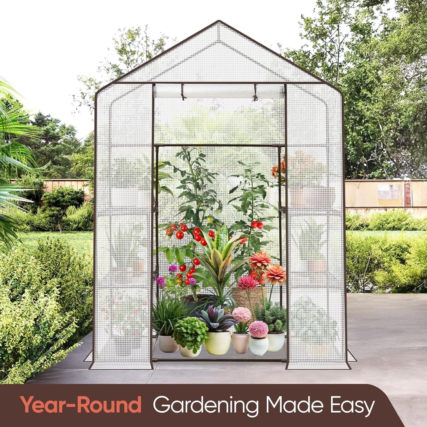 Walk-In Greenhouse with Shelves | Waterproof PE Cover | Reinforced Metal Frame