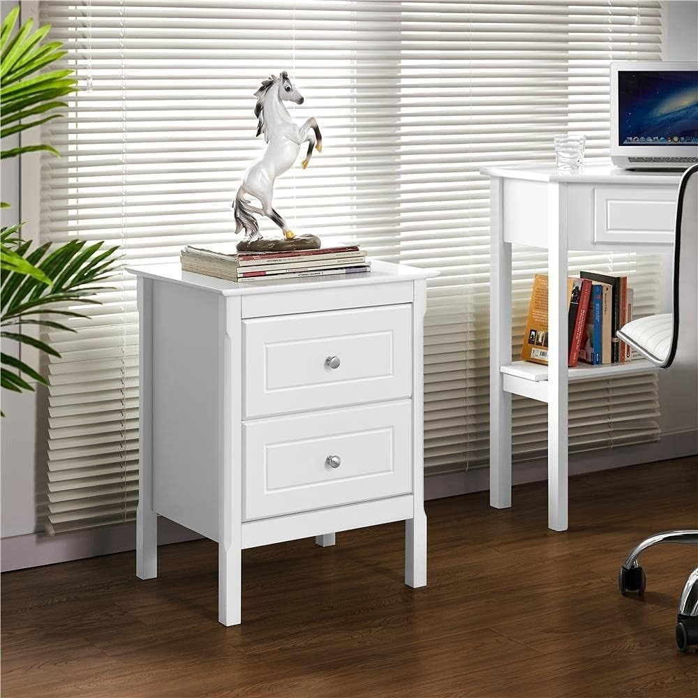 White Bedside Tables Set of 2 with Drawers, Wooden Nightstands