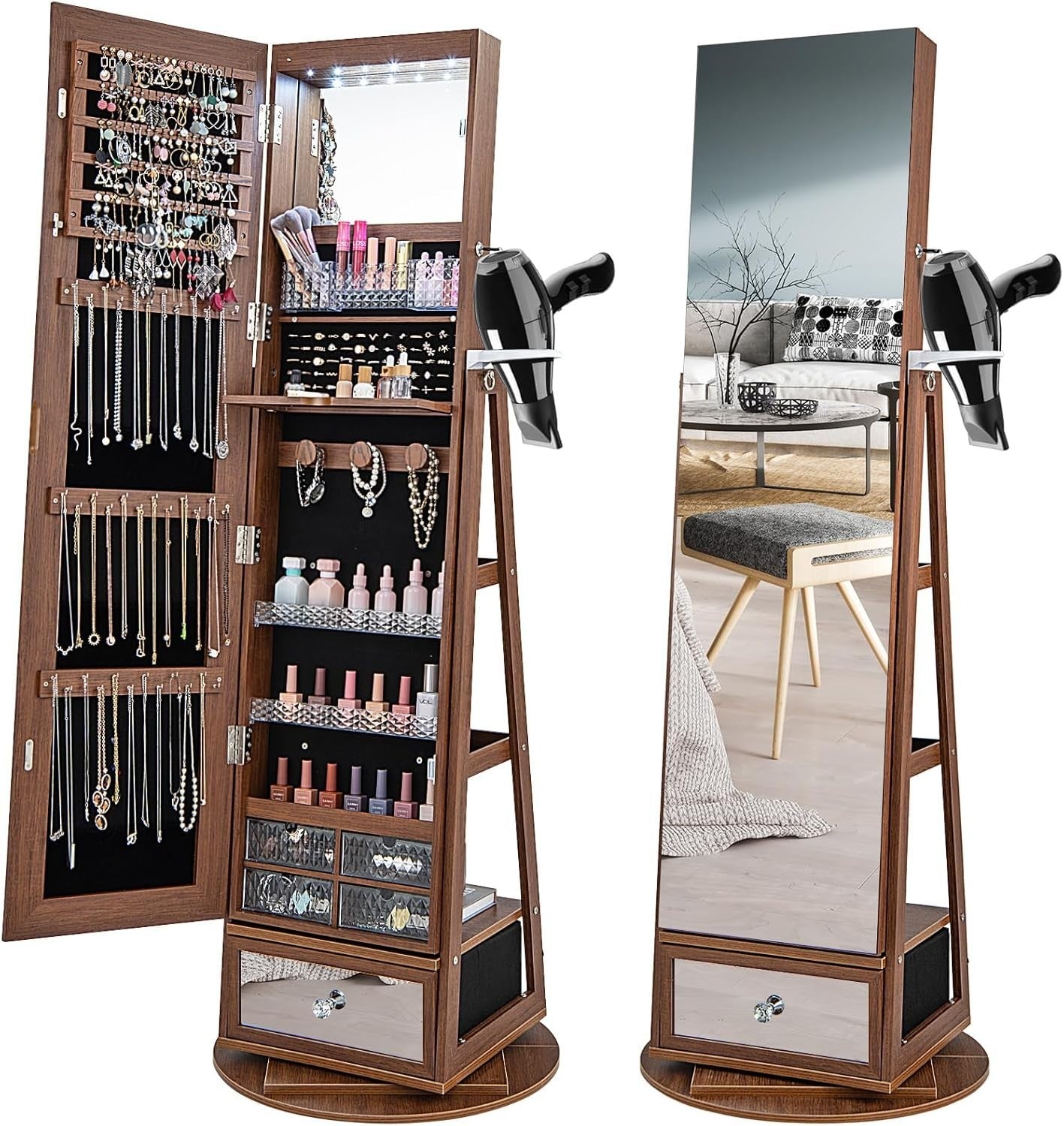 Walnut 360° Swivel LED Jewelry Cabinet Mirror Lockable Storage Organizer