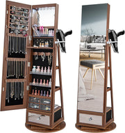 Walnut 360° Swivel LED Jewelry Cabinet Mirror Lockable Storage Organizer