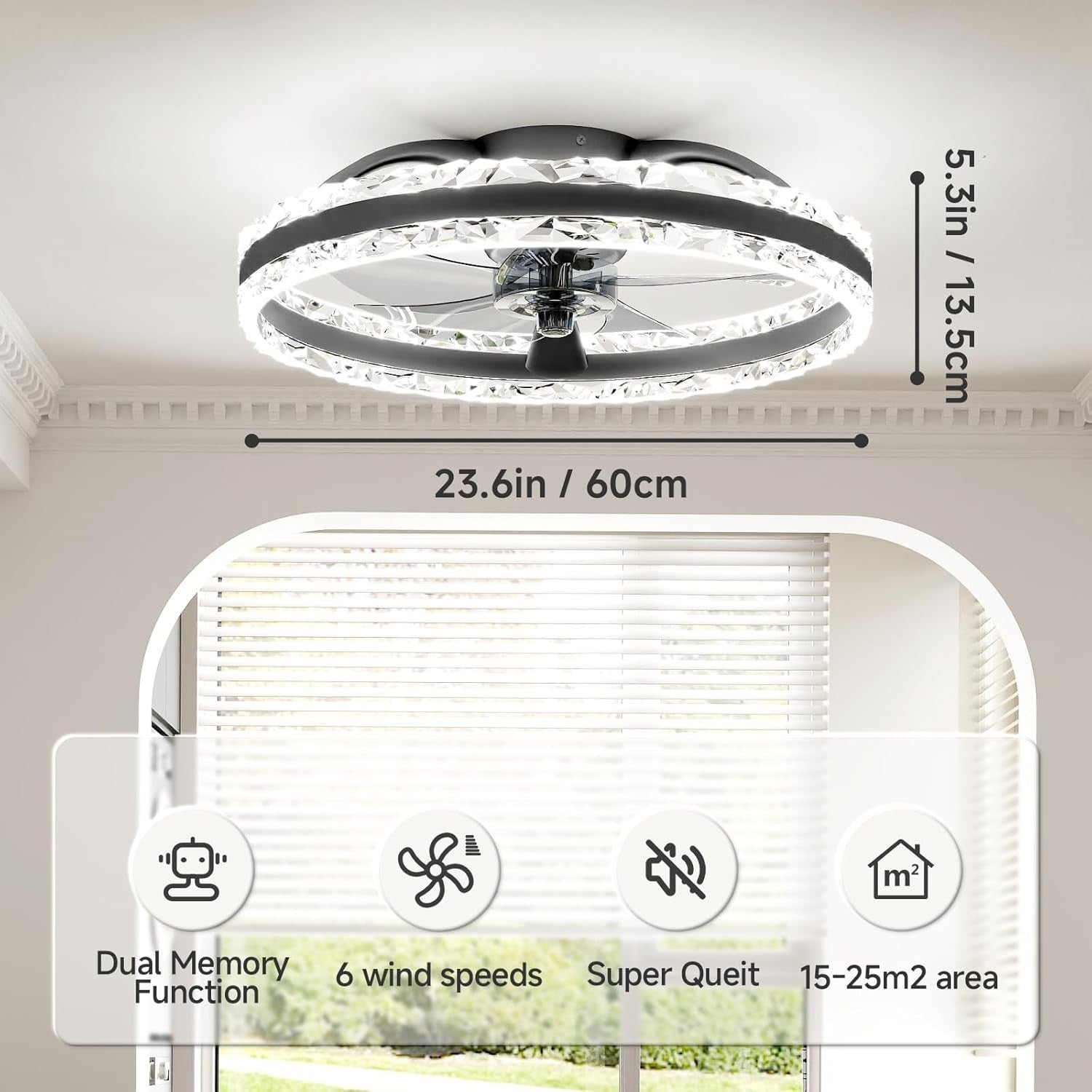 60CM Smart LED Ceiling Fan, 6 Speeds, Dimmable 3000-6500K, Black