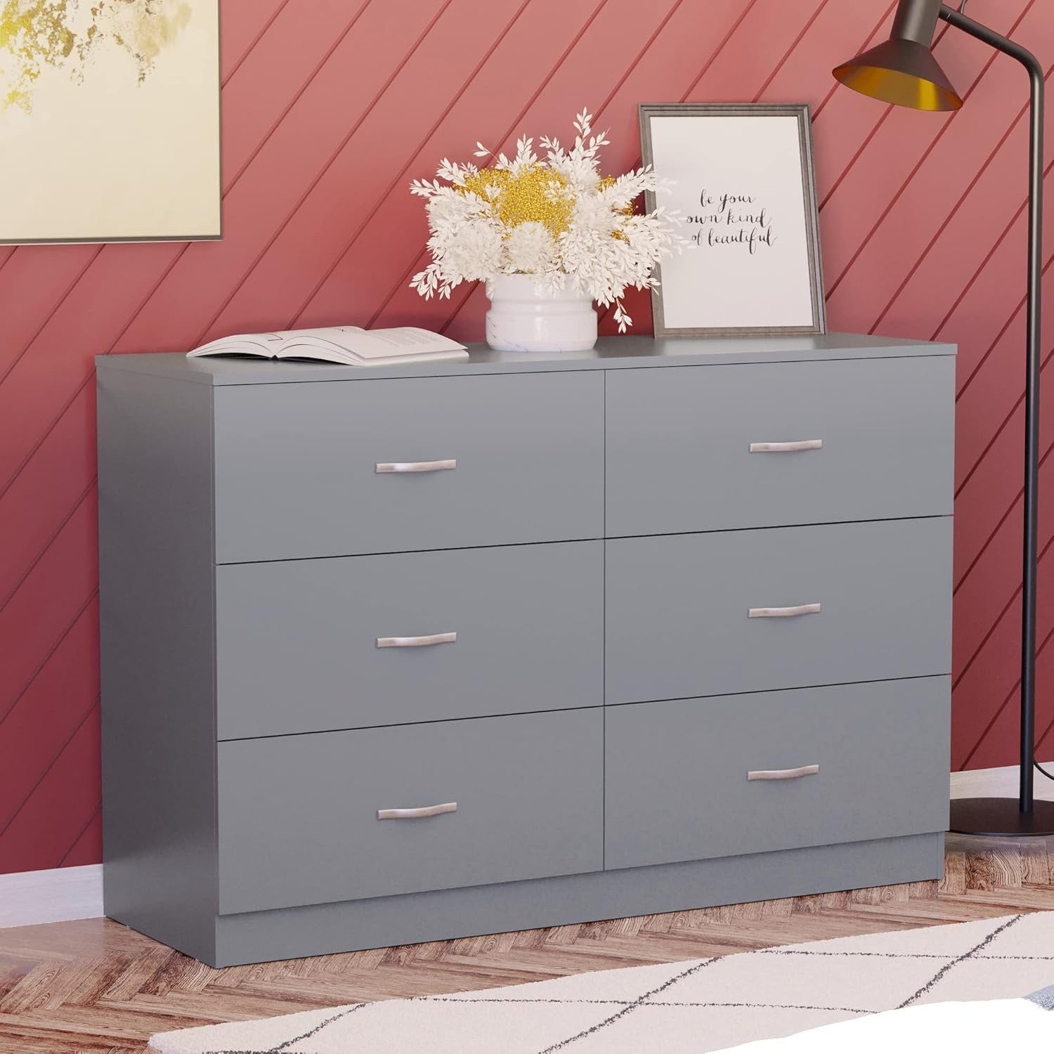 Grey 6 Drawer Chest Wide Bedroom Storage Unit Cabinet Modern Style