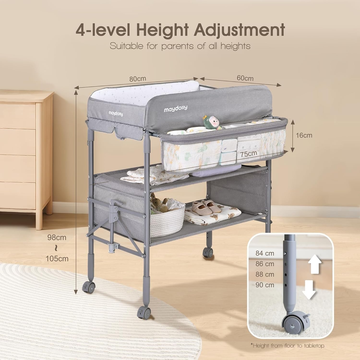 Baby Changing Table Adjustable Folding Diaper Station with Storage Rack Grey