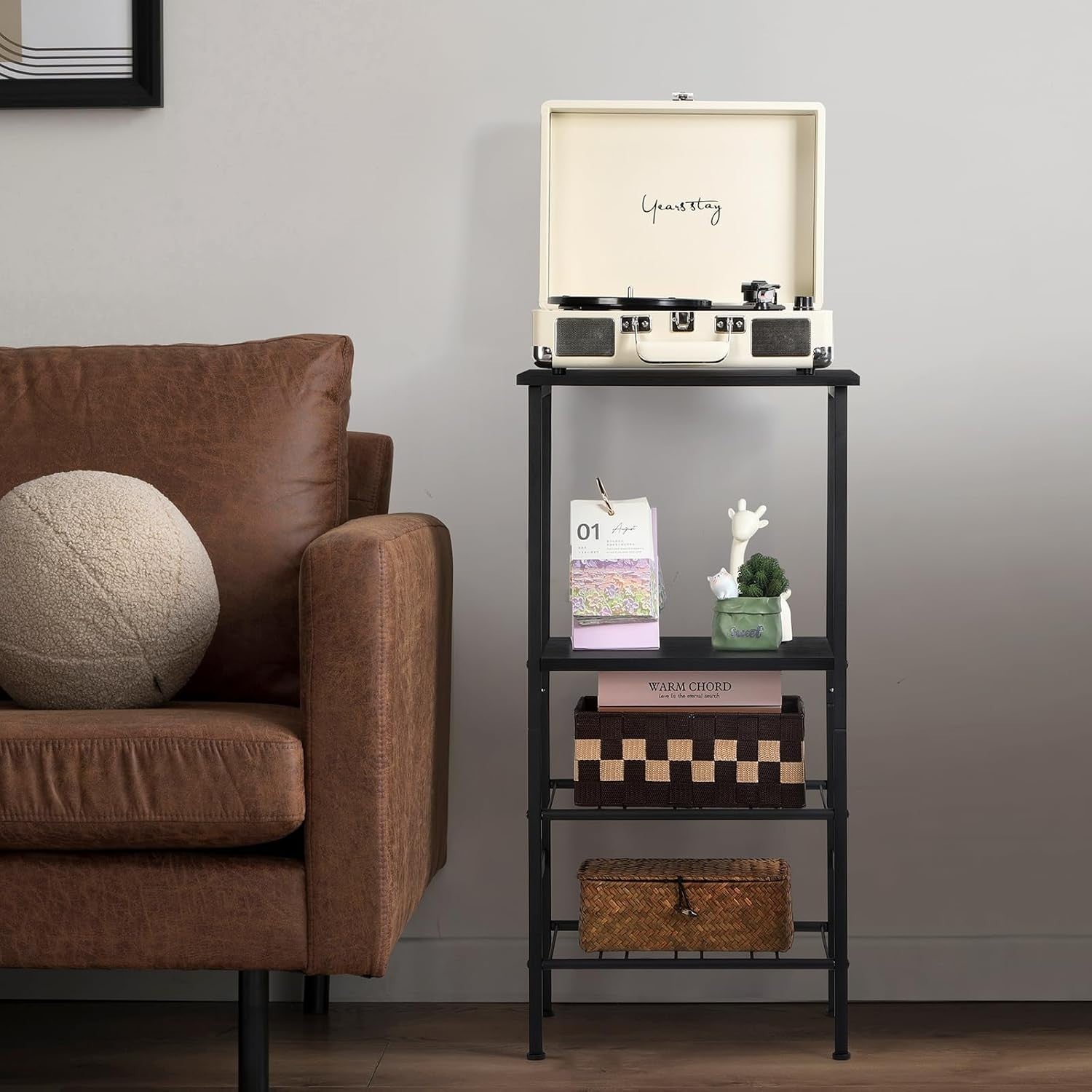 Freestanding 4-Tier Wine Rack with Glass Holder, Rustic Metal Bar Shelf Storage