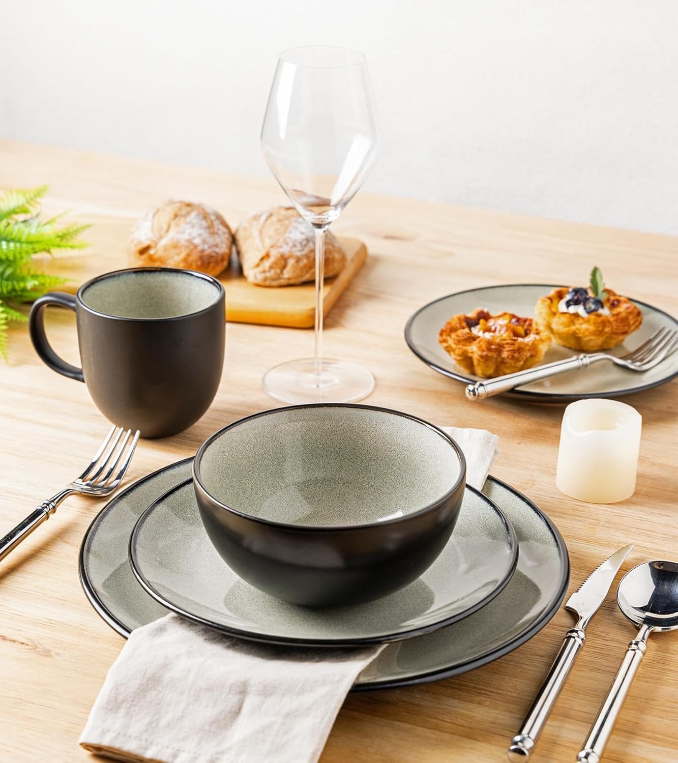 12pc Stoneware Dinner Set Plates Bowls Sage Green Dishwasher Safe
