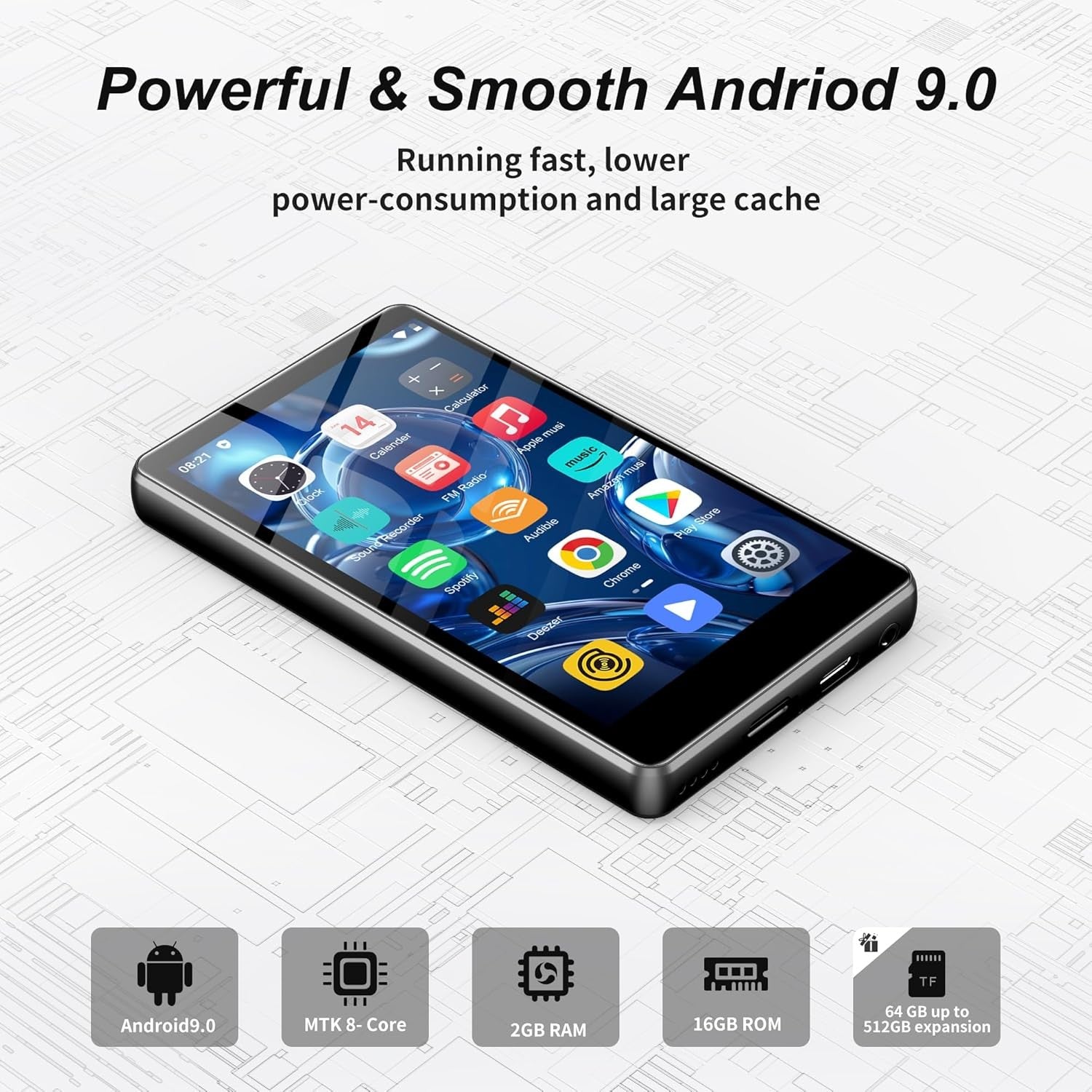 Bluetooth & Wi‑Fi 80GB 4″ HD Touch MP3 Player with Spotify & Apps