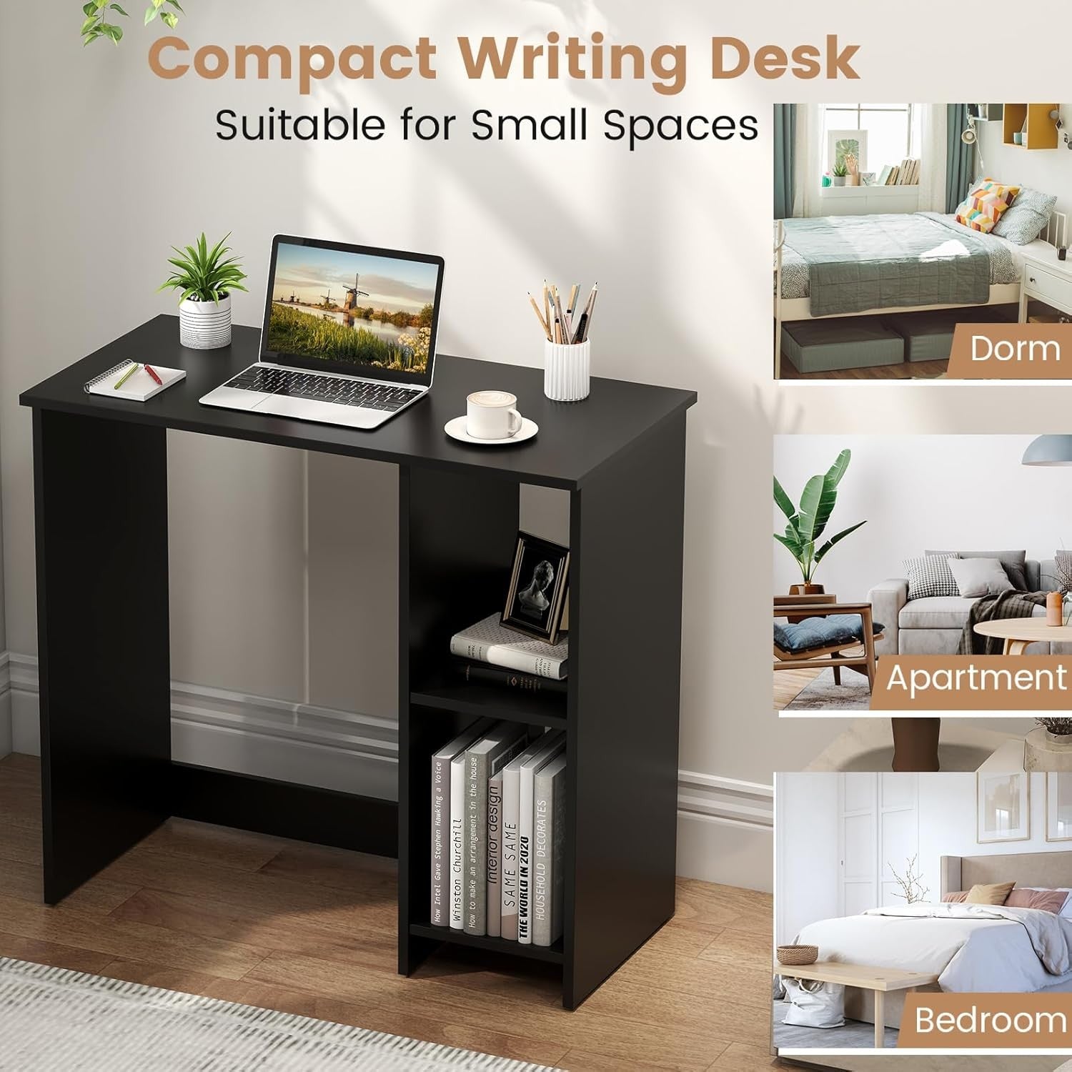 Compact Computer Desk with Shelves Small Space Home Office Laptop  Black