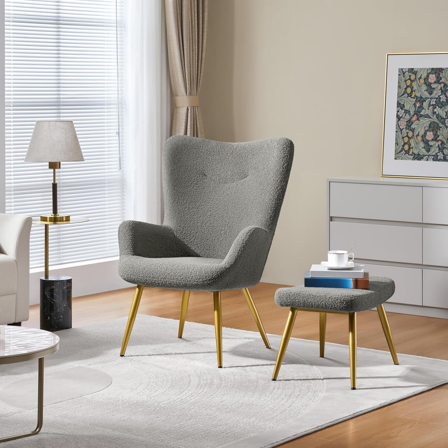 Boucle Armchair with Ottoman Set Sherpa Tub Chair Dark Grey