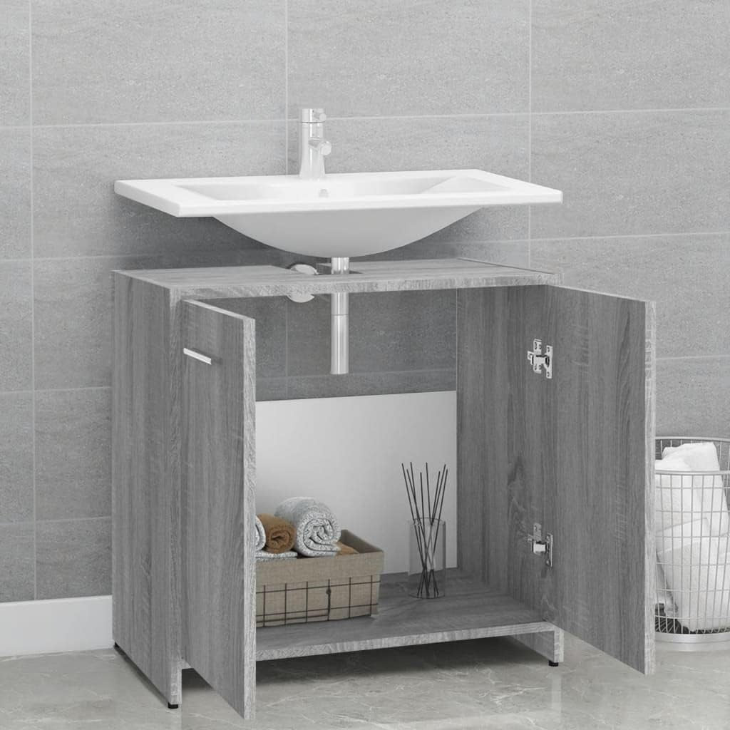 Grey Oak Under Sink Bathroom Cabinet – 2 Door Storage Unit 60cm Floor Standing
