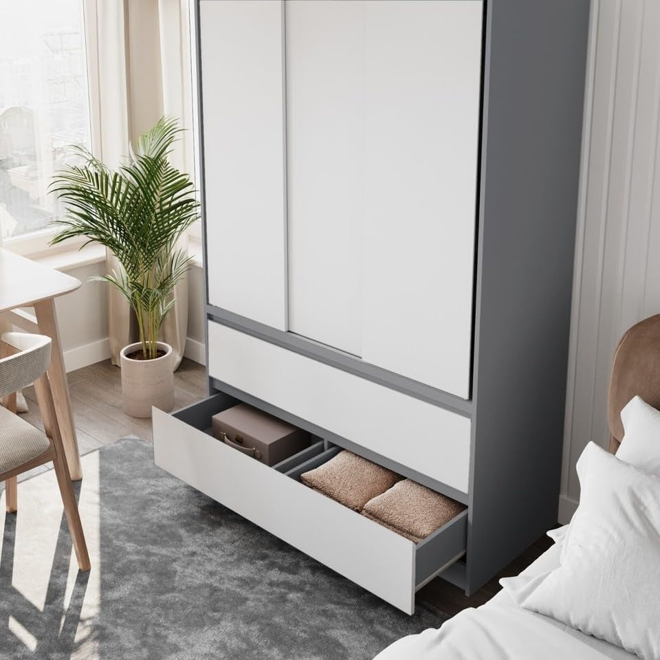 White Sliding Door Wardrobe with 4 Drawers & Hanging Rail – Space Saving