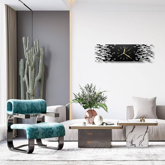 Modern Rectangular Black Wall Clock 50cm Silent Non-Ticking Acrylic Minimalist