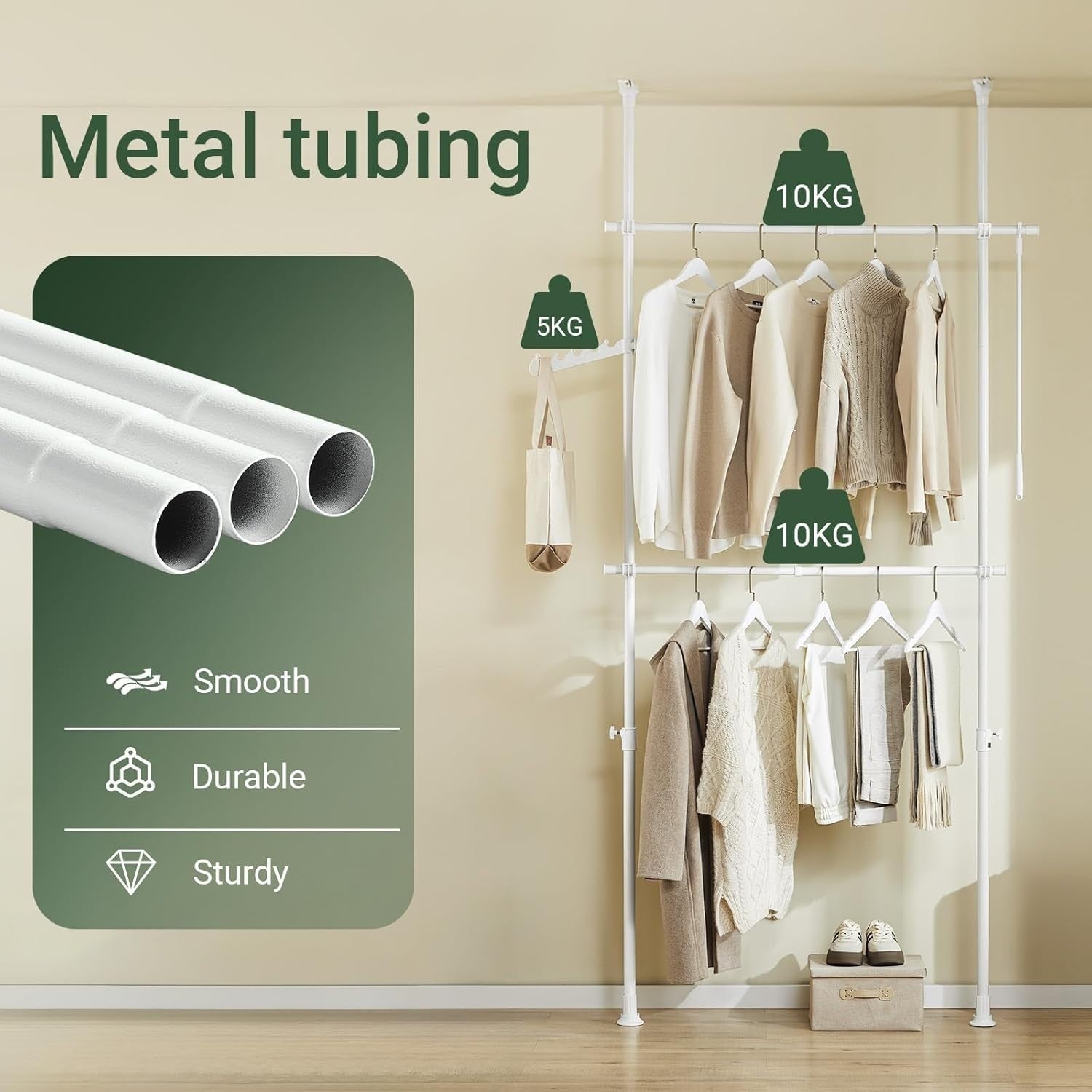 Telescopic Clothes Rail Adjustable Heavy Duty Open Wardrobe White