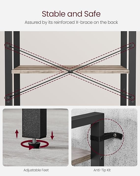 6-Tier Industrial Bookshelf Tall Greige Metal Wood Storage Shelving Unit