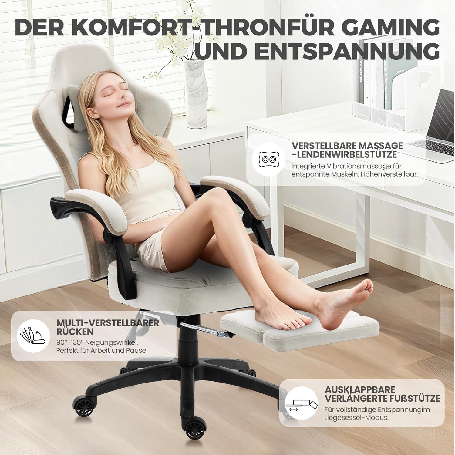Massage Gaming Chair Fabric Recliner w/ Footrest 150kg Beige