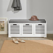 White Shoe Storage Bench with Seat Cushion | 3 Drawer Hallway Cabinet Unit
