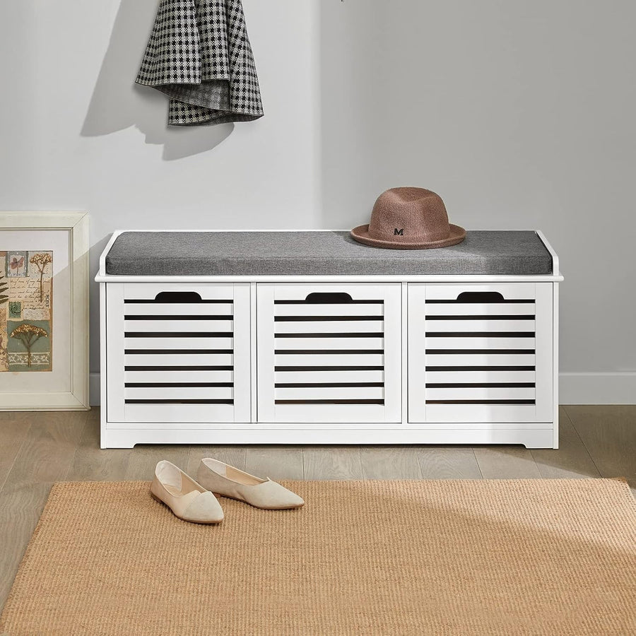 White Shoe Storage Bench with Seat Cushion | 3 Drawer Hallway Cabinet Unit