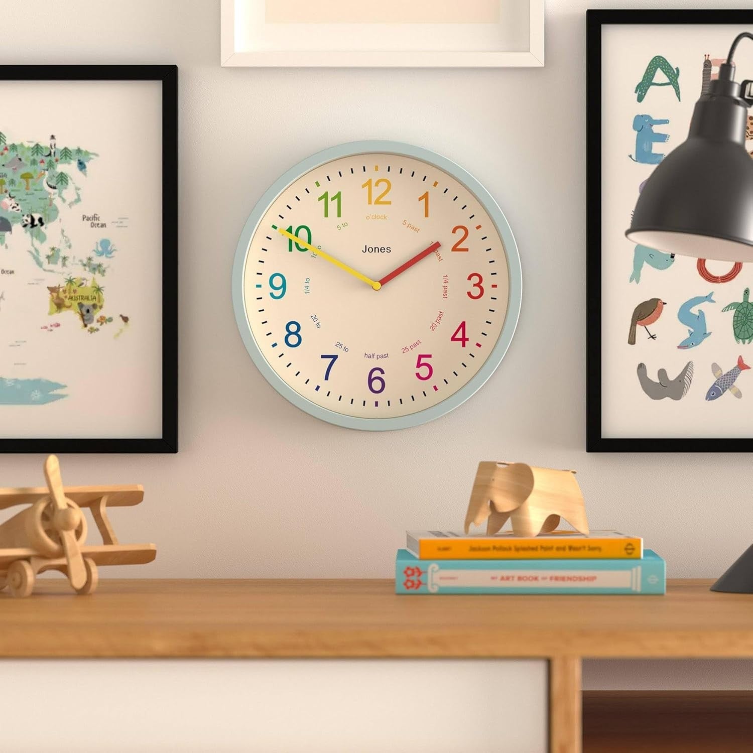 25cm Kids Wall Clock Blue – Silent Non-Ticking Colourful Numbers Learn Time
