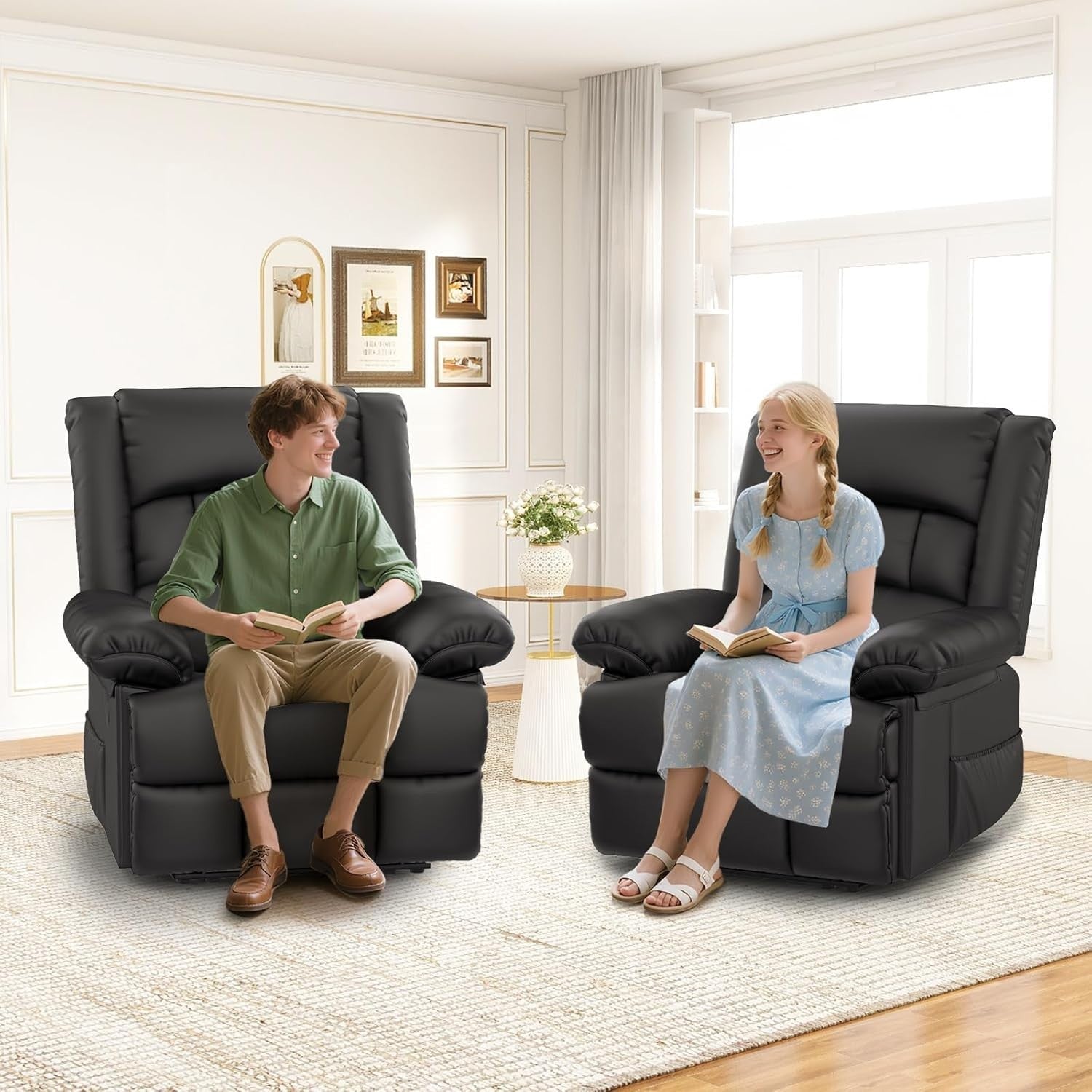 Manual Recliner Chair Massage Heat 135° Recline Footrest Dual Pockets Black