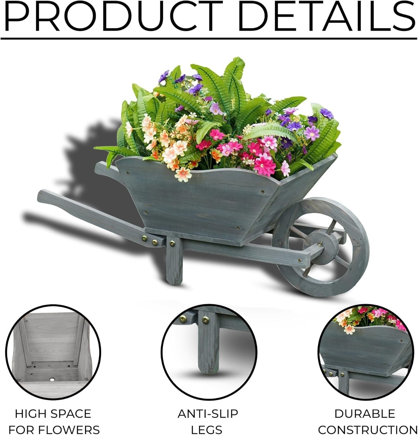 Large Wooden Garden Wheelbarrow Planter – Rustic Grey Design w/ Handles & Wheel