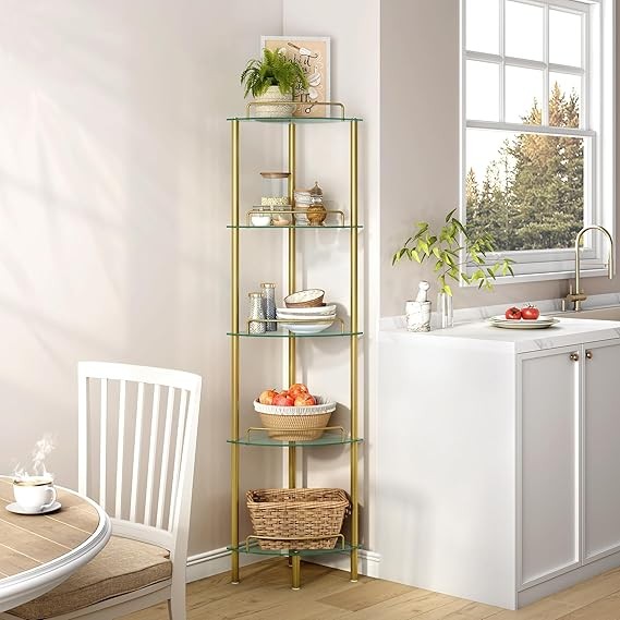 Gold Corner Shelf Unit – 5-Tier Glass Display Stand for Living Room & Bedroom