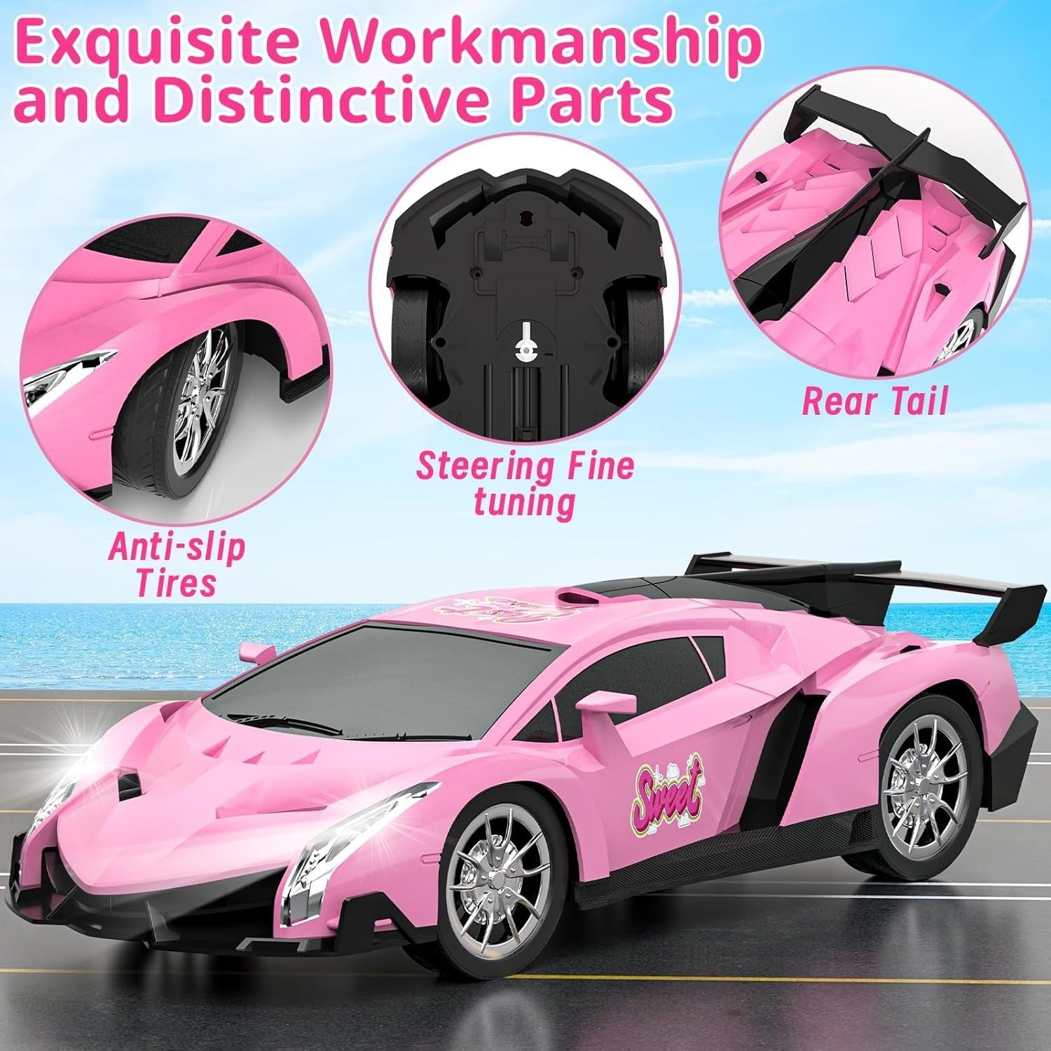 Pink RC Racing Car 1:18 Remote Control Toy with LED Lights for Girls 3+