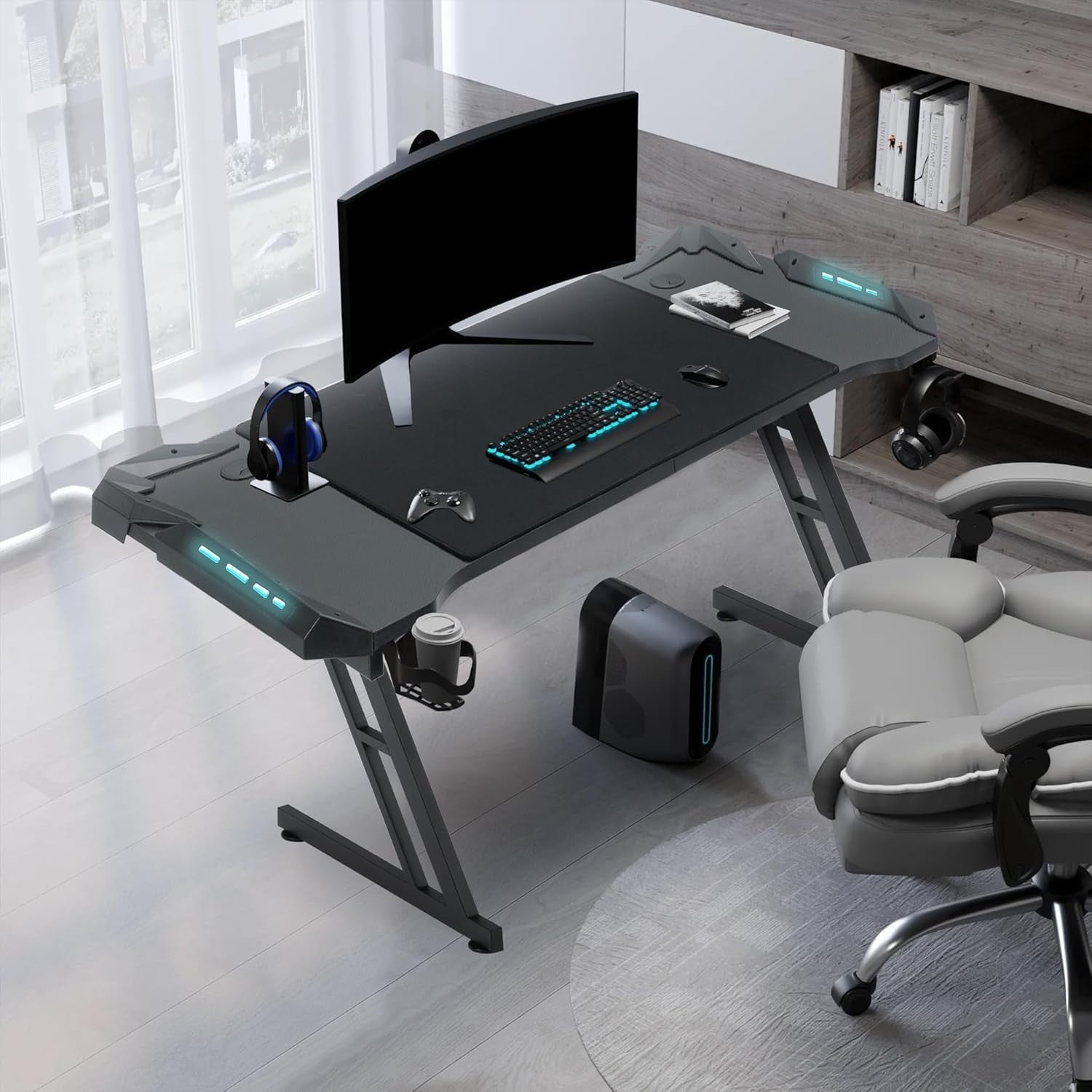 Gaming Desk w/LED, 120×60cm Carbon Fiber Computer Table, Black Z-Frame