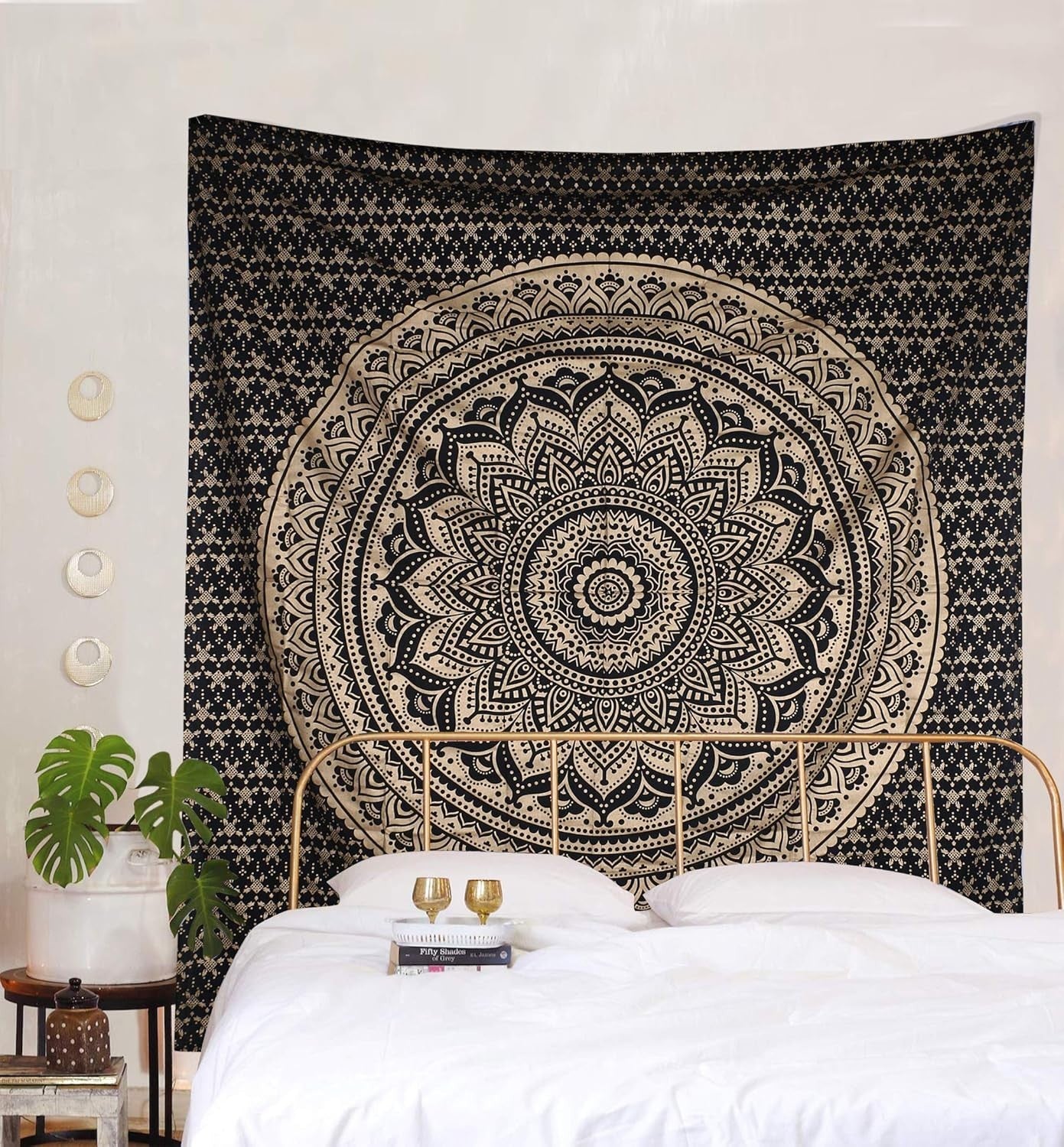Black Gold Mandala Tapestry Boho Wall Hanging Cotton 85x90in