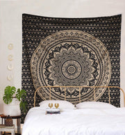 Black Gold Mandala Tapestry Boho Wall Hanging Cotton 85x90in
