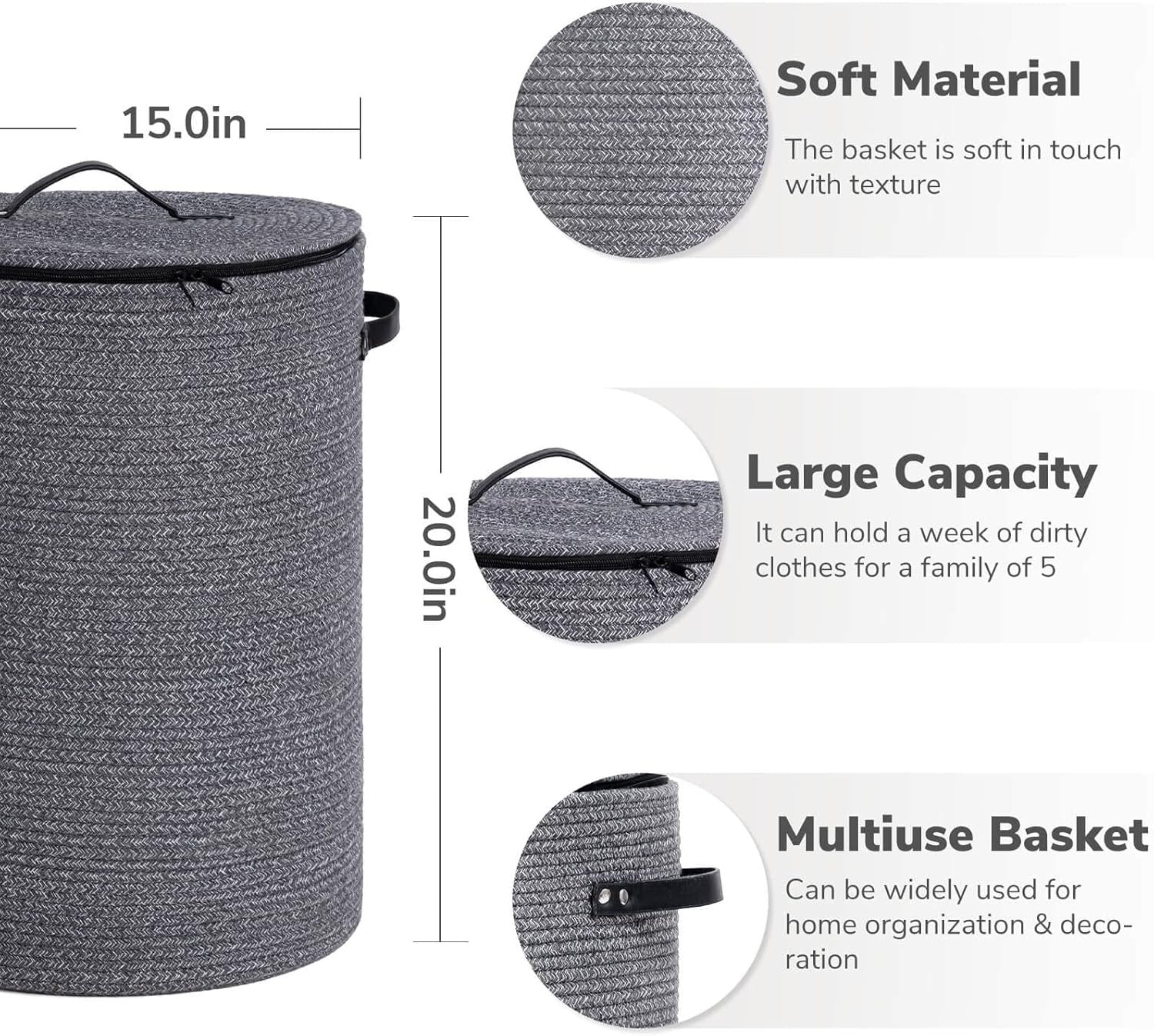 58L Tall Rope Laundry Hamper with Lid Foldable Clothes Basket Grey Storage Bin