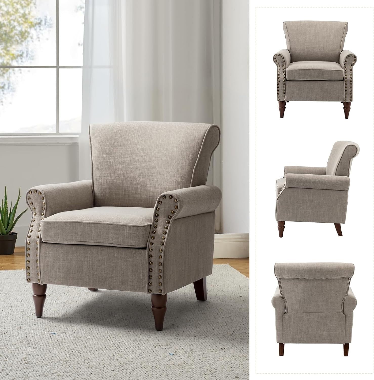 Grey Wingback Accent Chair Upholstered Armchair with Nailhead Trim