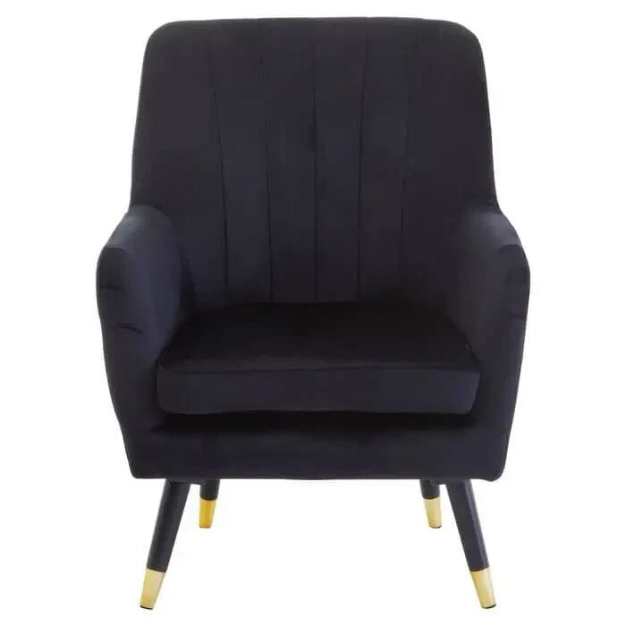 Black Velvet Accent Chair Gold Tip Legs Armchair Lounge Modern Channel Back