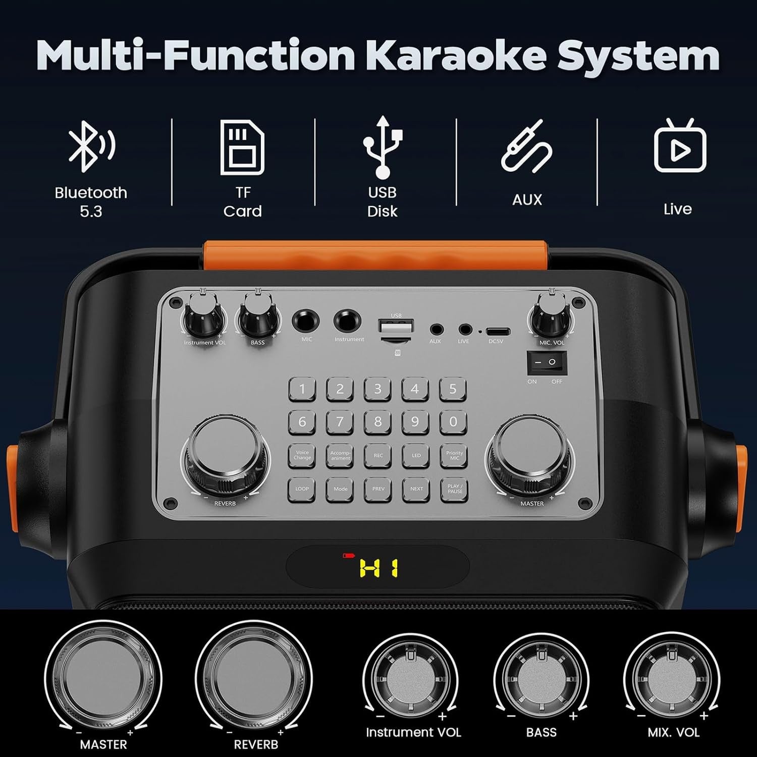Karaoke Machine 2 Wireless Mics Bluetooth Speaker Bass Boost LED