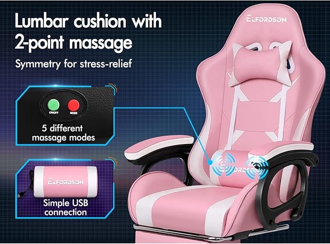 ELFORDSON Gaming Chair w/ 2-Point Massage Lumbar Pink