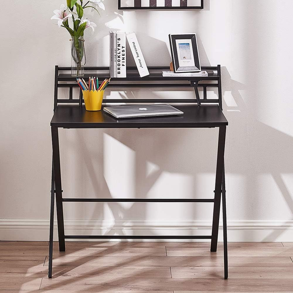 Folding Computer Desk Small Space Laptop Study Table with Shelf Black