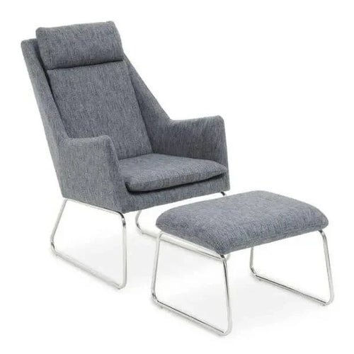 Grey Fabric Lounge Chair with Footstool Modern Metal Frame Armchair