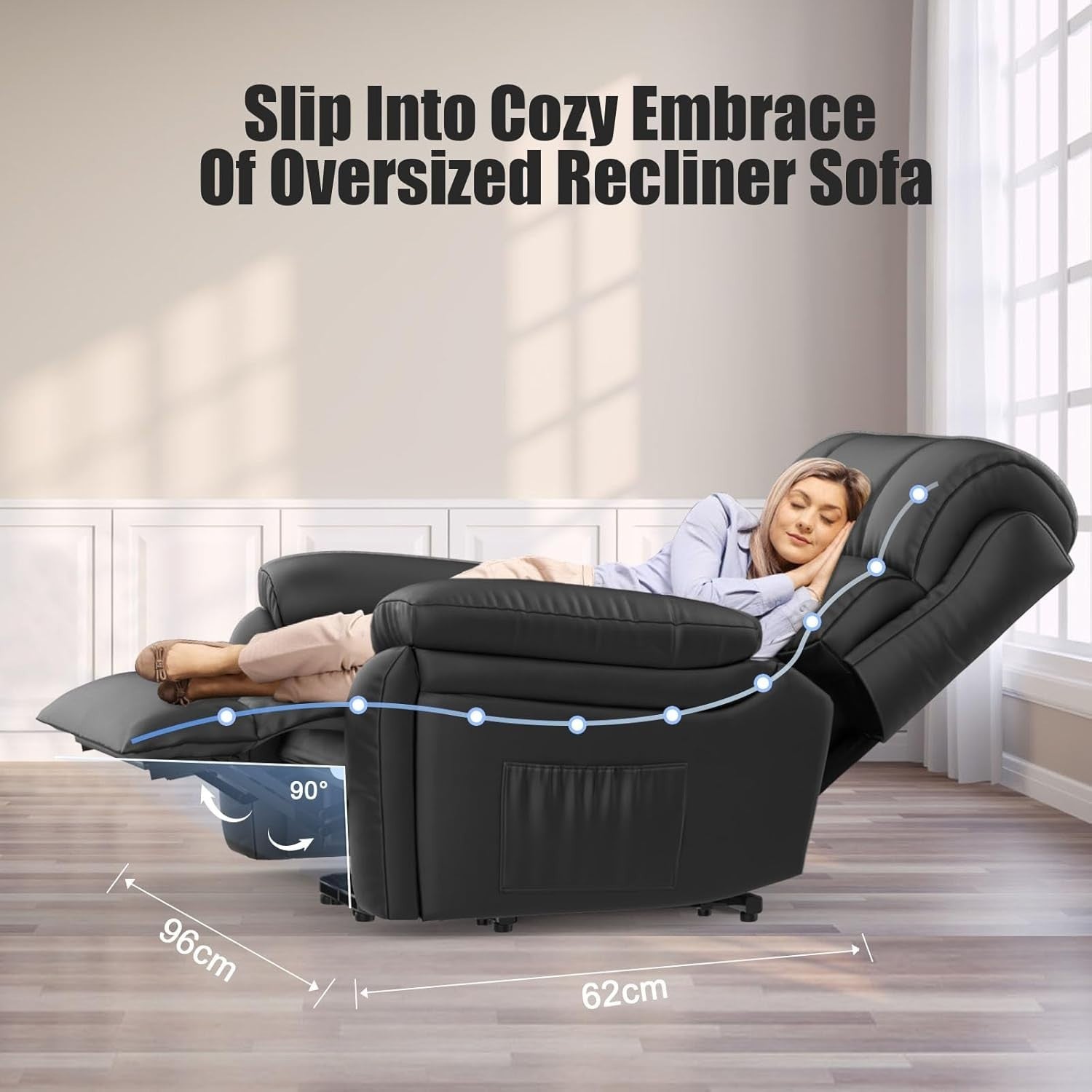 Power Lift Recliner Chair Massage Heat Oversized Faux Leather USB Type-C Black